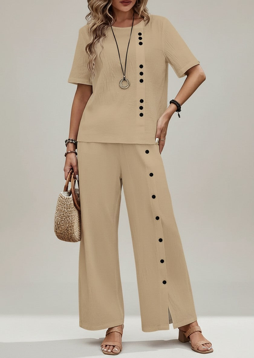 Silvorne conjunto de lino y algodón para mujer, color beige, top corto de manga corta y pantalones anchos con botones decorativos.