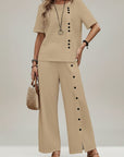 Silvorne conjunto de lino y algodón para mujer, color beige, top corto de manga corta y pantalones anchos con botones decorativos.