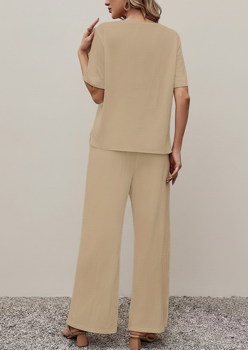 Silvorne conjunto de lino y algodón para mujer, top corto de manga y pantalones anchos color beige