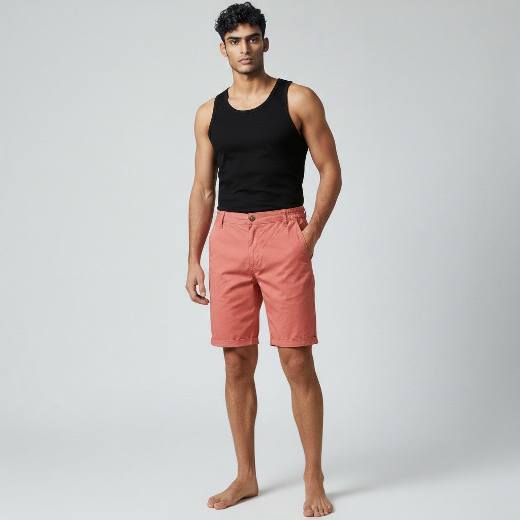 Silvorne men's coral chino shorts with a relaxed fit and cuffed hems, made from breathable cotton.