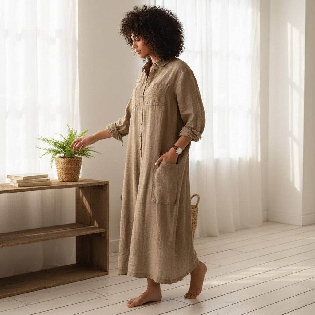 Silvorne beige cotton linen oversized jumpsuit with turn-down collar and wide legs, perfect for summer.
