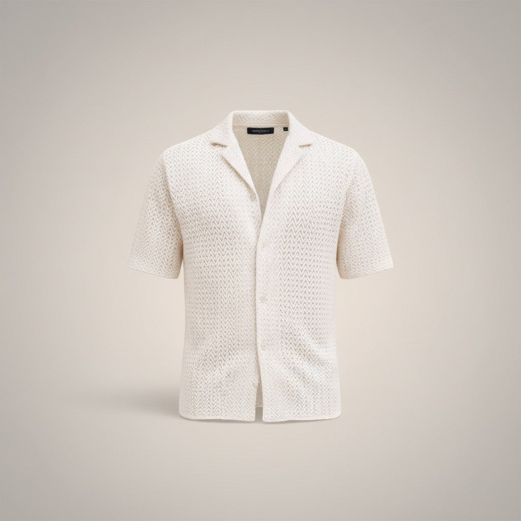 Silvorne men's cream open-knit short sleeve button-up shirt with textured chevron pattern and camp collar.