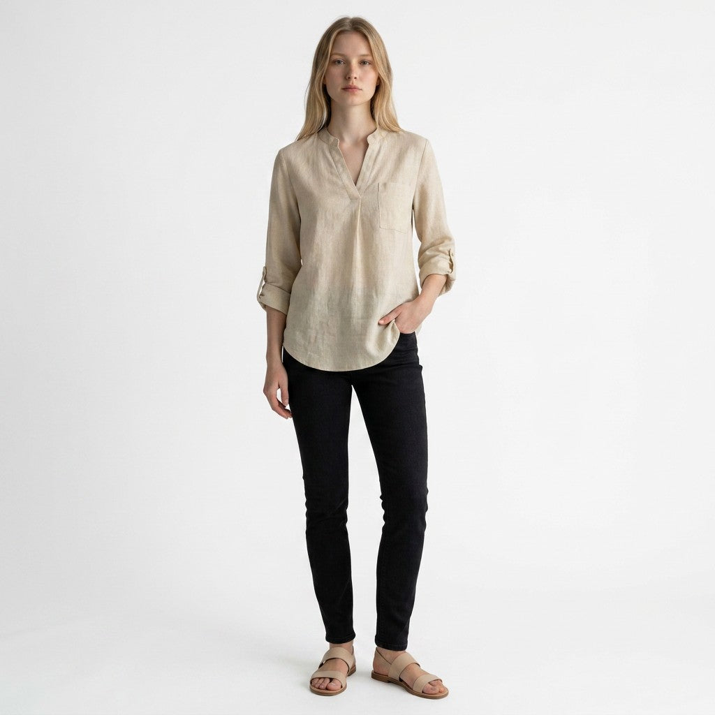 Women's Lightweight Linen Blouse | Elegant V-Neck Long Sleeve Summer Top 1
