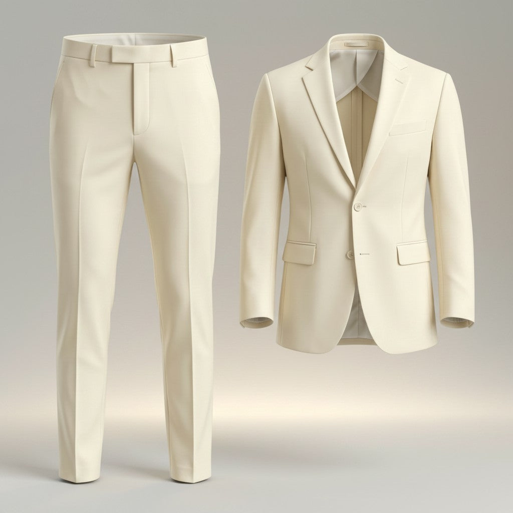 Silvorne men's cream two-piece suit set with tailored jacket and straight-leg trousers. Classic lapel collar, button closure.