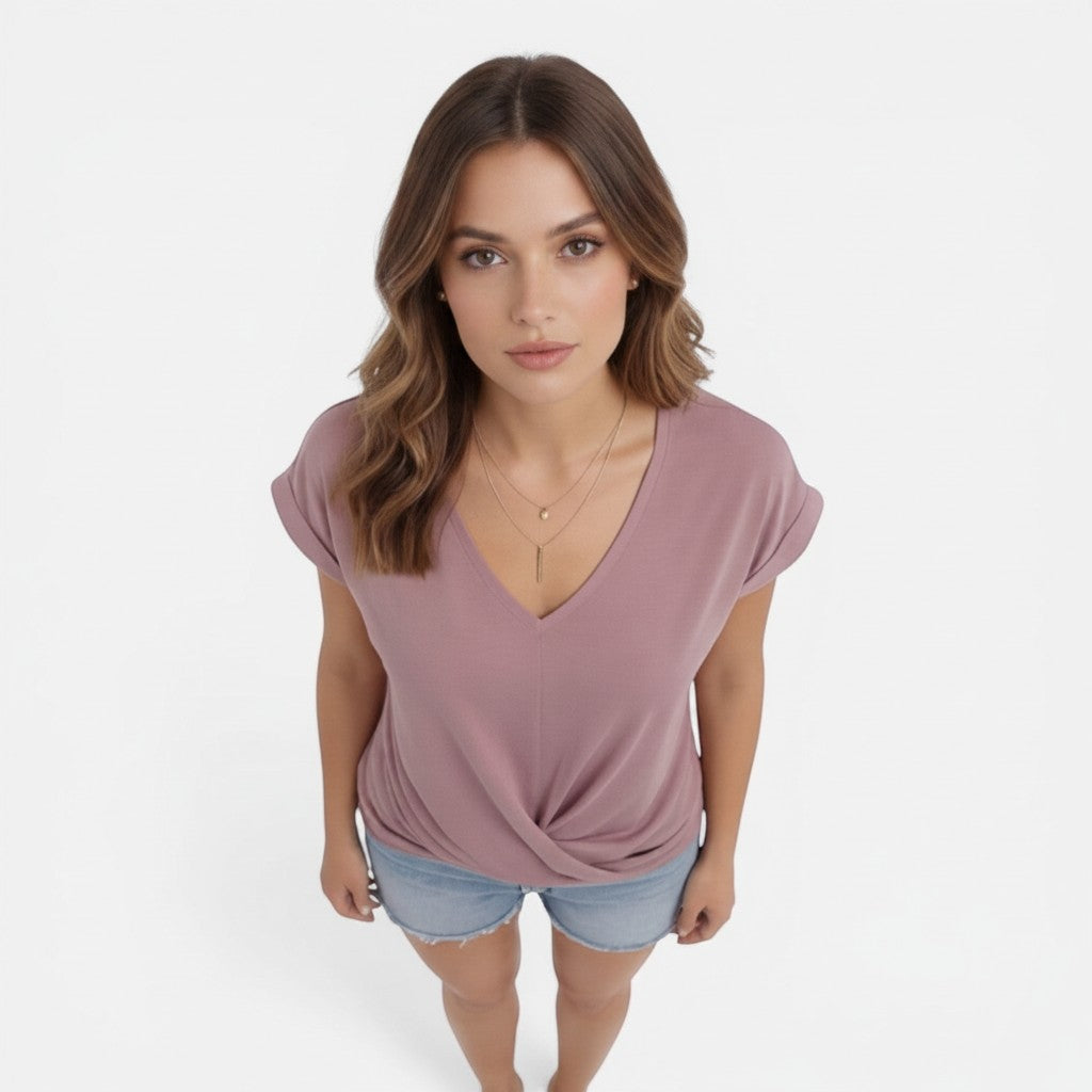 Women's Soft Cotton V-Neck T-Shirt | Elegant Twist Front Casual Summer Top 2