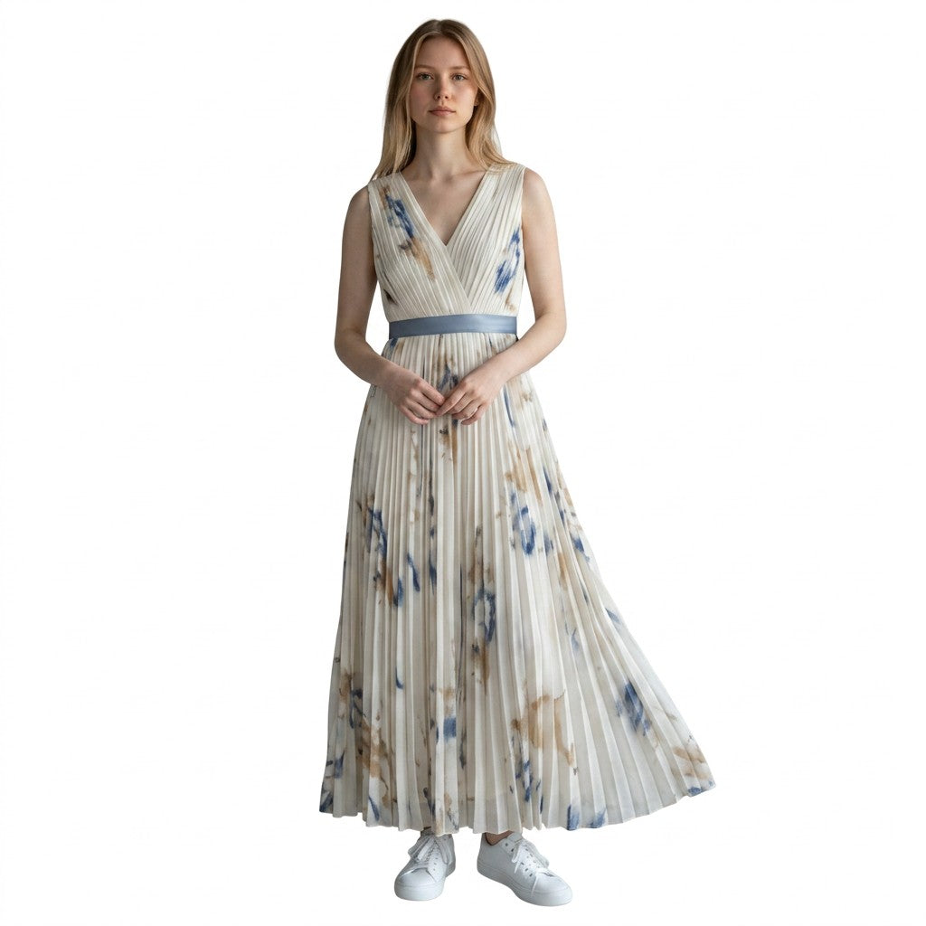 Women's Abstract Print Pleated Midi Dress | Elegant Sleeveless V-Neck Summer Dress 4