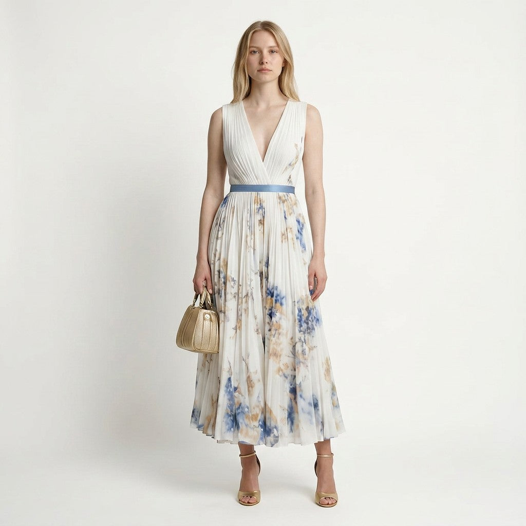 Women's Abstract Print Pleated Midi Dress | Elegant Sleeveless V-Neck Summer Dress 5