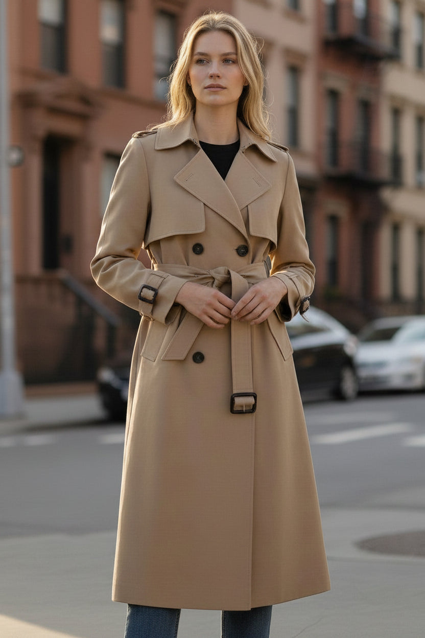 Silvorne gabardina clásica de algodón para mujer, doble botonadura, cinturón, color beige, elegante y versátil.