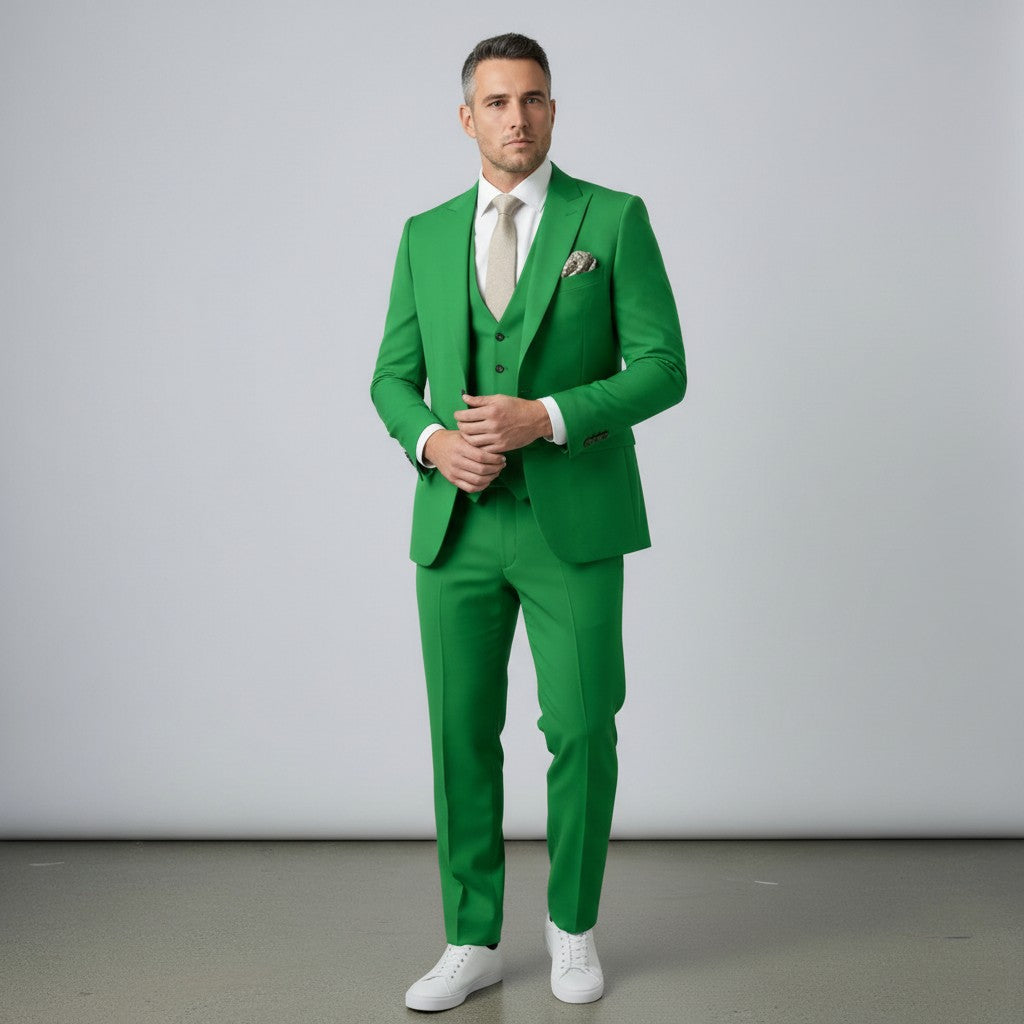 Silvorne men's bright green three-piece suit with single-breasted one-button jacket, waistcoat, and tailored trousers.