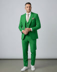 Silvorne men's bright green three-piece suit with single-breasted one-button jacket, waistcoat, and tailored trousers.