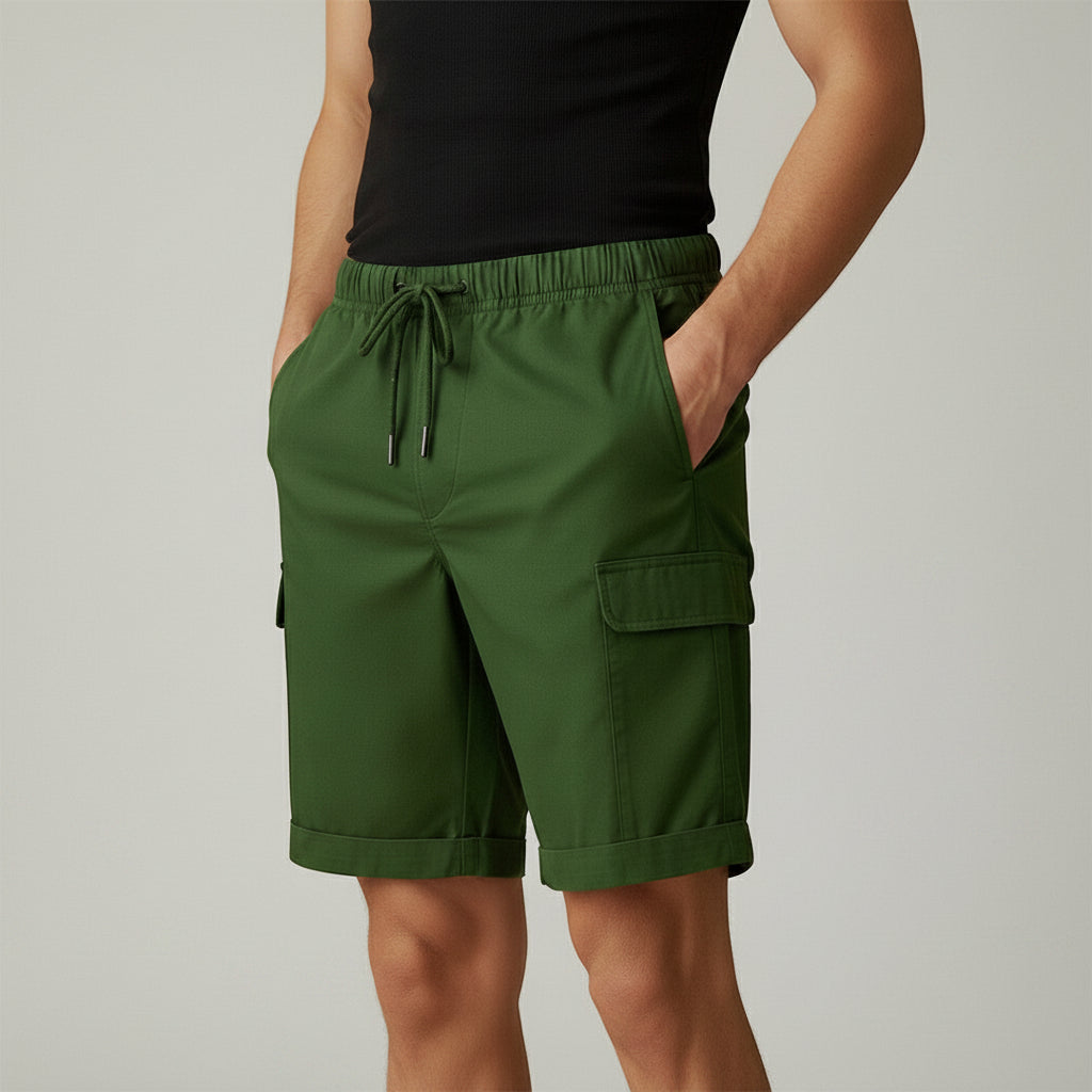 Silvorne men's green cargo shorts with drawstring waist, side pockets, and turned-up hems.