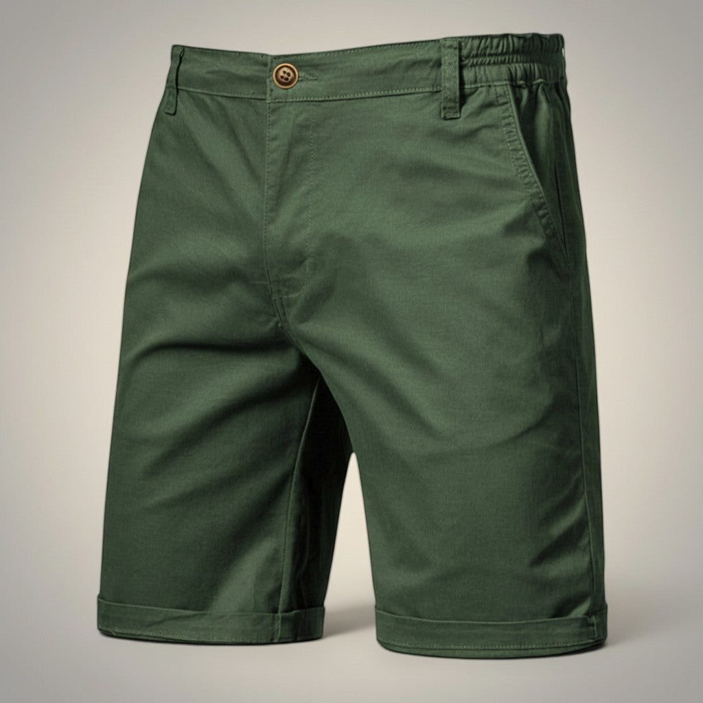Silvorne men's dark green cotton chino shorts with a relaxed fit and elastic waist detail.