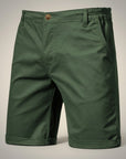 Silvorne men's dark green cotton chino shorts with a relaxed fit and elastic waist detail.