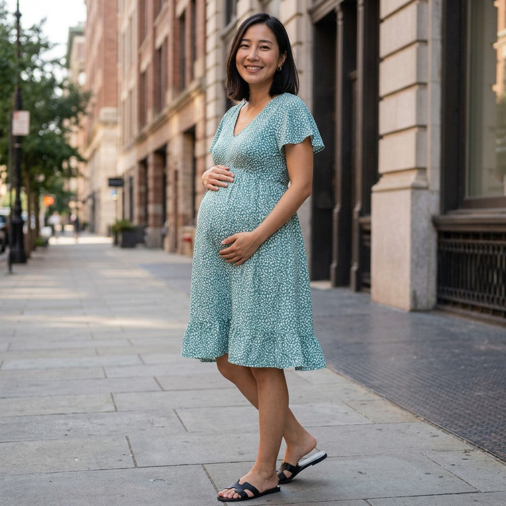 Women's Soft Floral Maternity Dress | Elegant Flutter Sleeve V-Neck Gown for Baby Shower 5