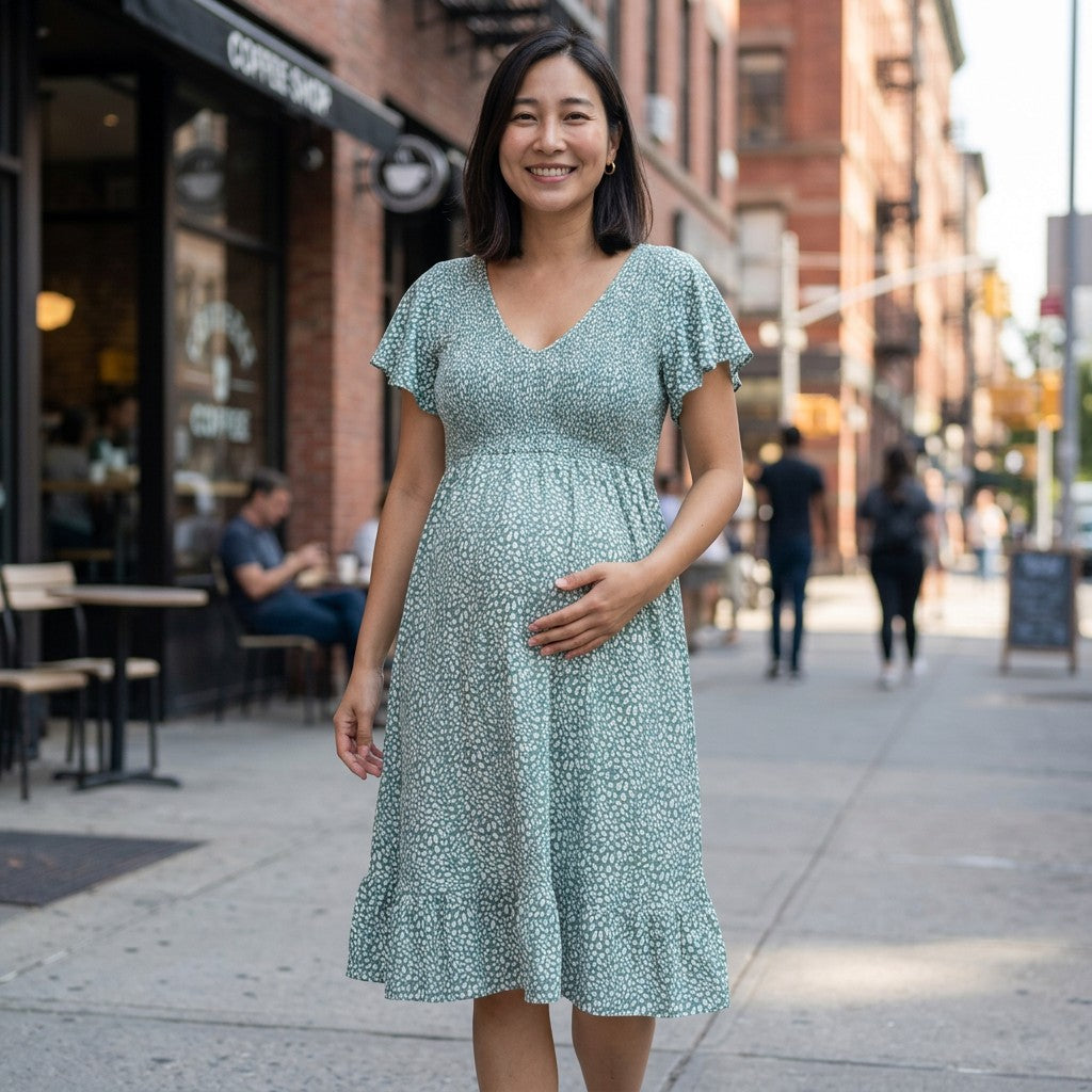Women's Soft Floral Maternity Dress | Elegant Flutter Sleeve V-Neck Gown for Baby Shower 6