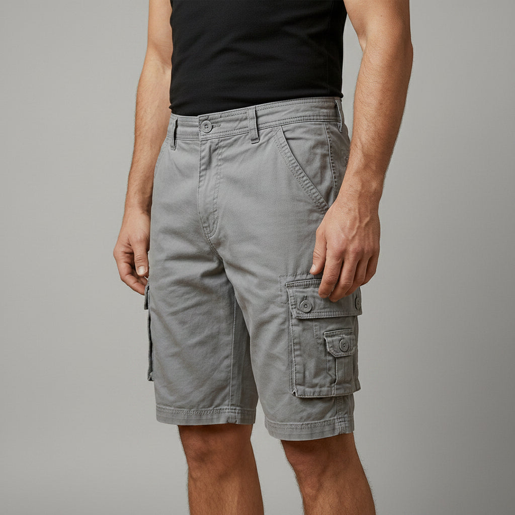 Silvorne men's light grey cotton cargo shorts with elasticated waist, button fastening, and multiple flap pockets.