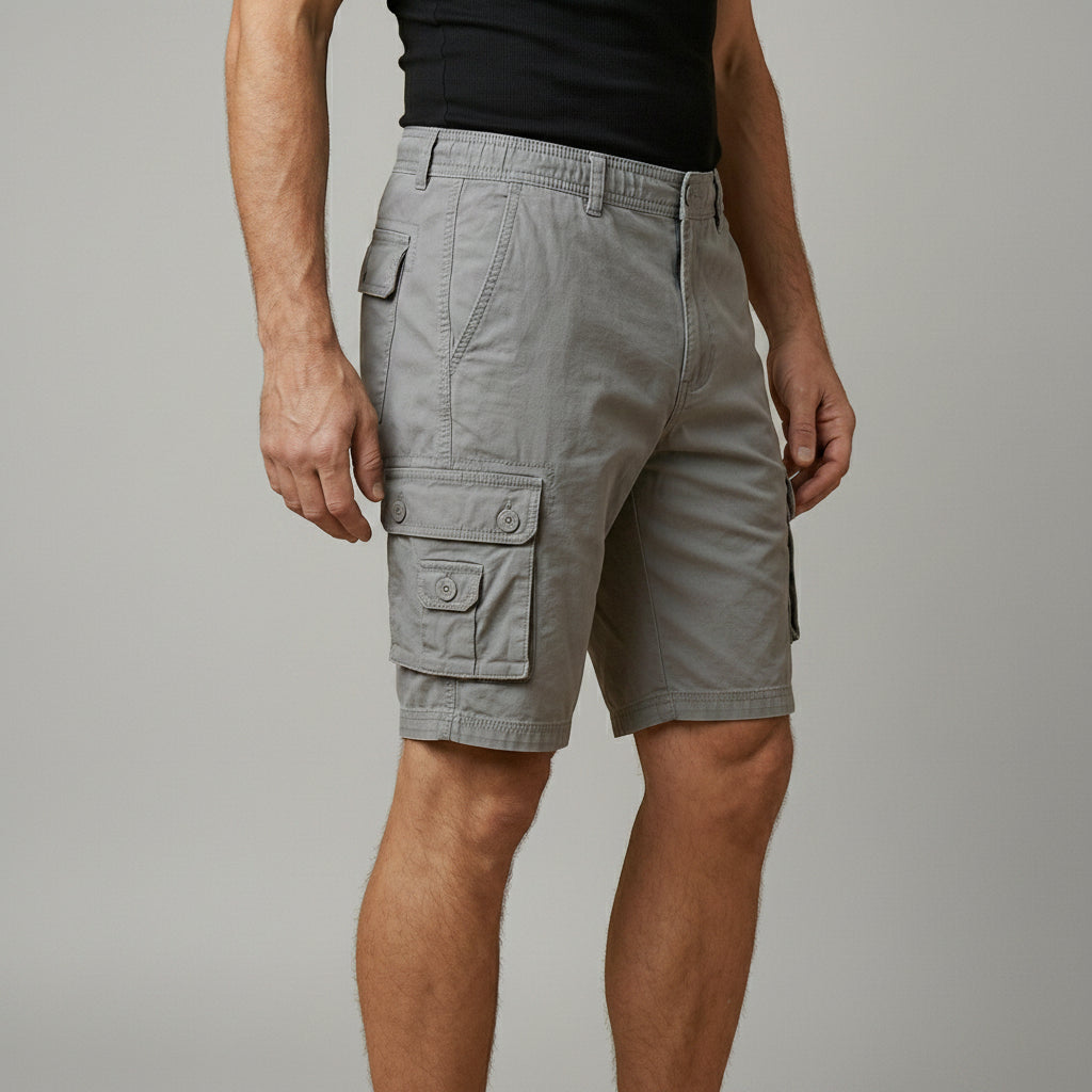 Silvorne men's grey cotton cargo shorts with elasticated waist, button fastening, and multiple flap pockets. Knee-length design for ease of movement.