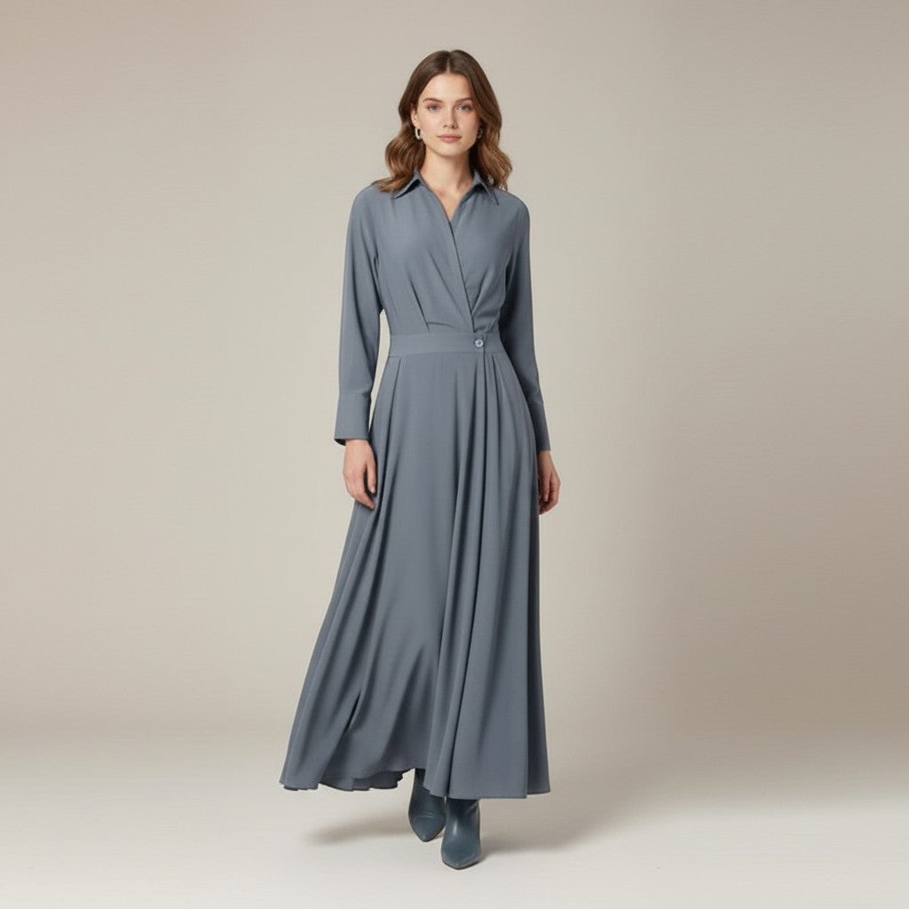 Elegant | Women's Black Dress with Collared Neckline | A-Line Midi Dress for Effortless Style 7