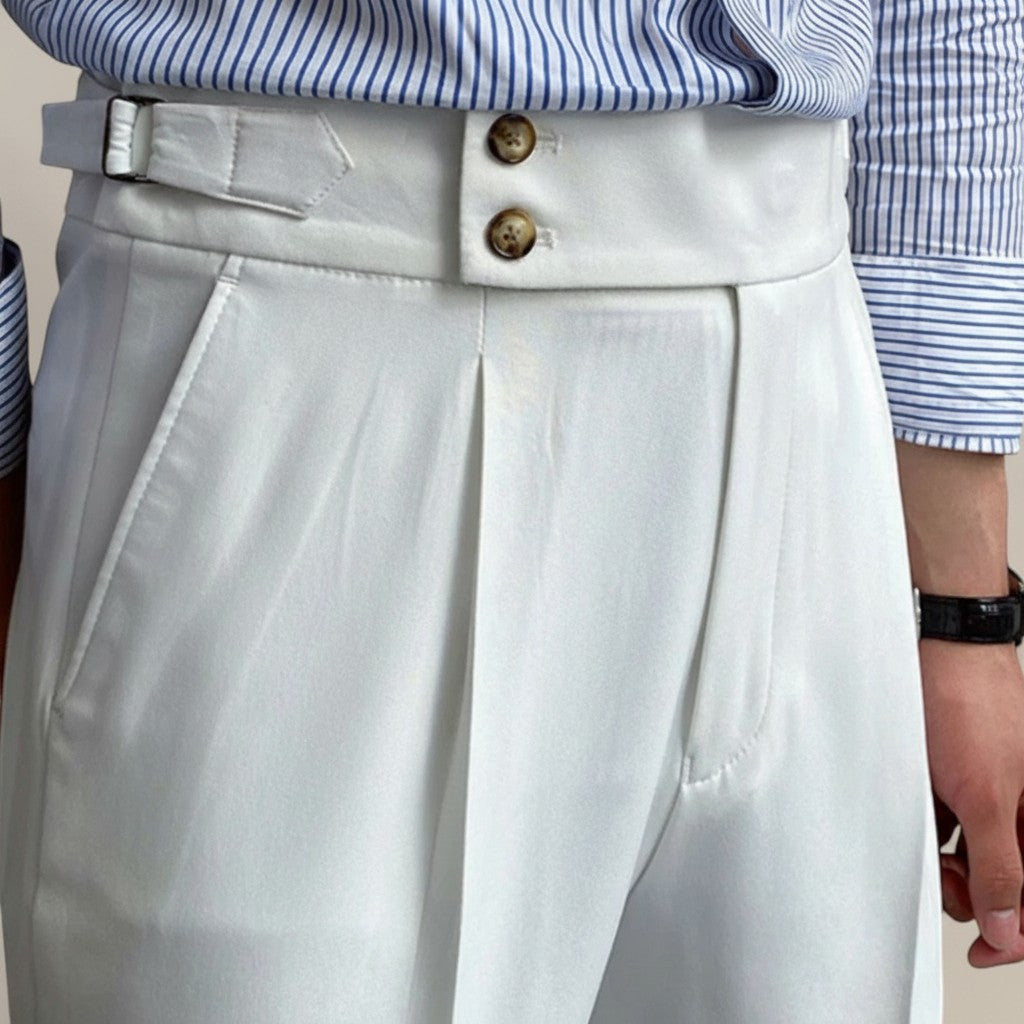 Silvorne men's light grey high-waist straight-leg draped trousers with button and zip closure, premium woven fabric.