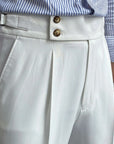 Silvorne men's light grey high-waist straight-leg draped trousers with button and zip closure, premium woven fabric.