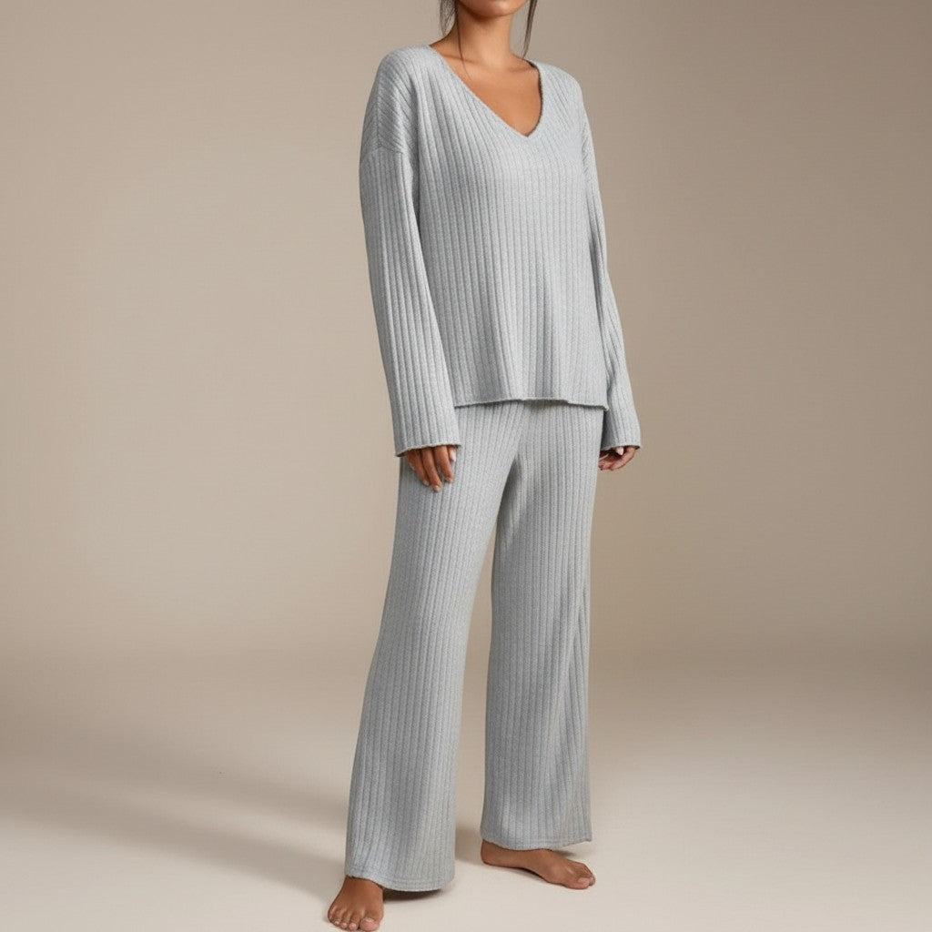 Silvorne light grey ribbed knit V-neck loungewear set with wide leg pants.