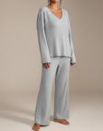 Silvorne light grey ribbed knit V-neck loungewear set with wide leg pants.