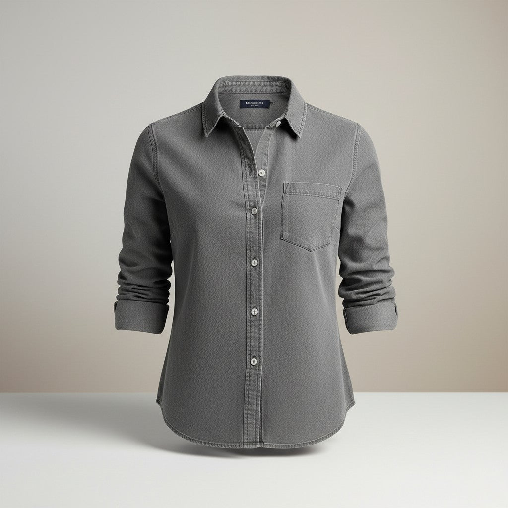 Silvorne men's slim-fit grey long-sleeve button-up shirt with a chest pocket and turn-down collar.