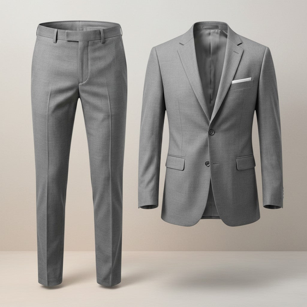 Silvorne men's grey tailored two piece suit set with lapel collar jacket and straight-leg trousers.