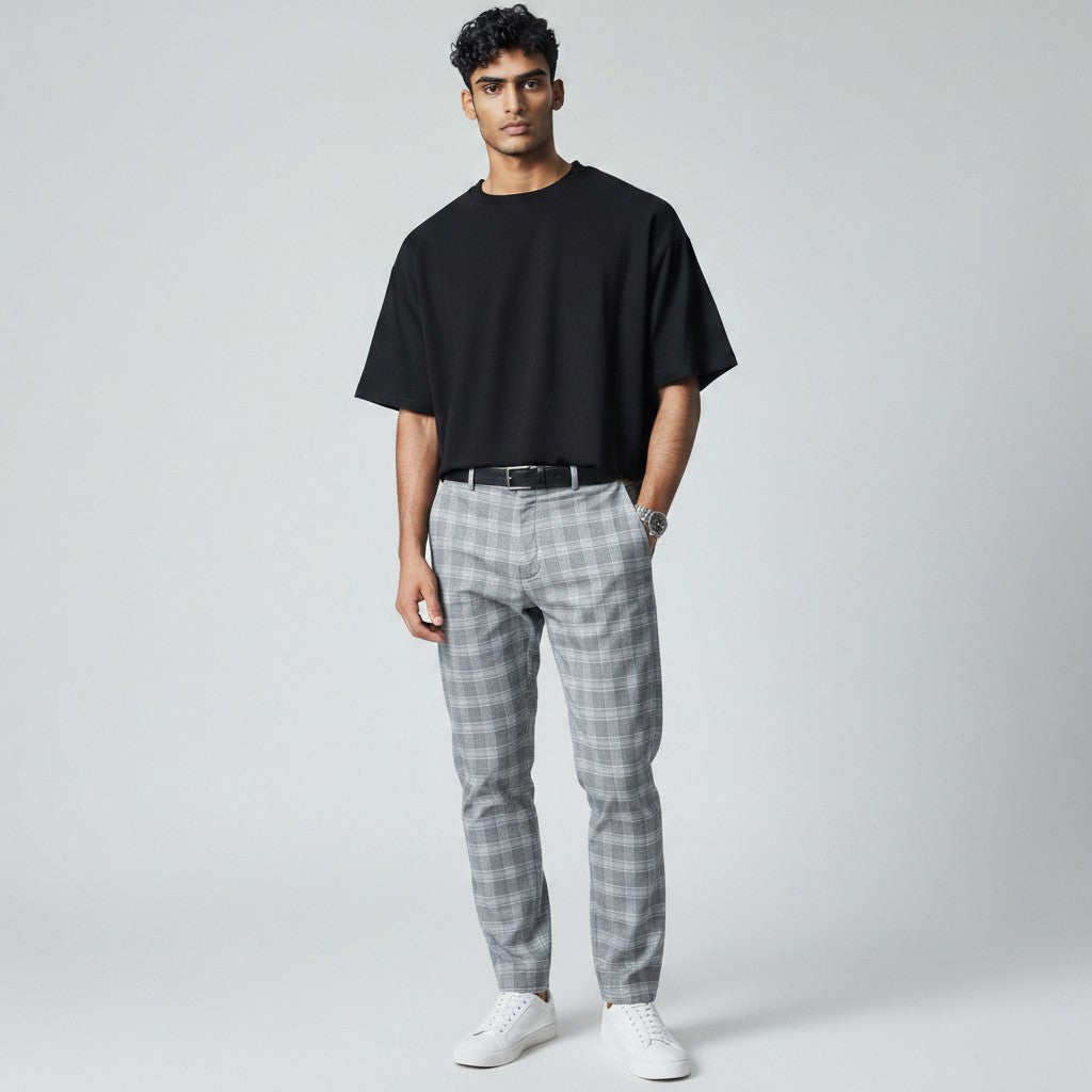 Silvorne Men's slim-fit ankle-length pants in grey plaid woven fabric with a black belt.