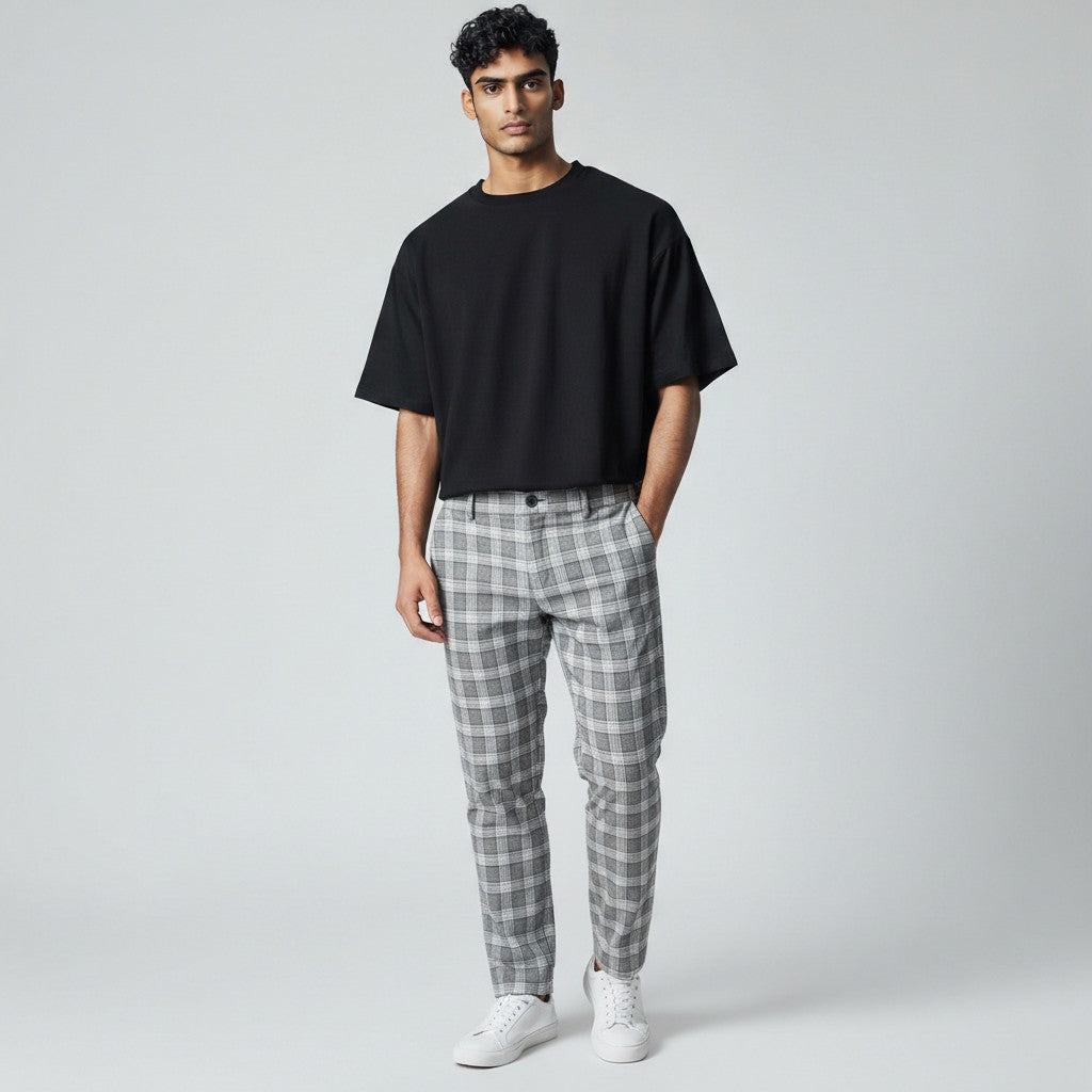 Silvorne men's slim-fit grey plaid ankle-length pants made from premium woven fabric.