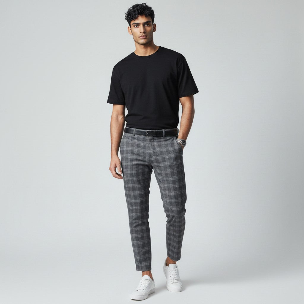 Silvorne Men's slim-fit ankle-length plaid pants in grey woven fabric. Modern tailored silhouette.