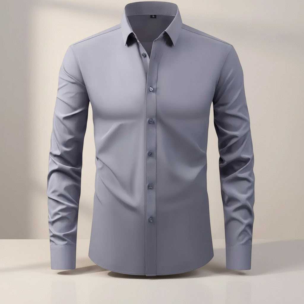 Silvorne Men's grey slim-fit long-sleeve dress shirt with stretch fabric and button-down closure.