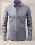 Silvorne Men's grey slim-fit long-sleeve dress shirt with stretch fabric and button-down closure.