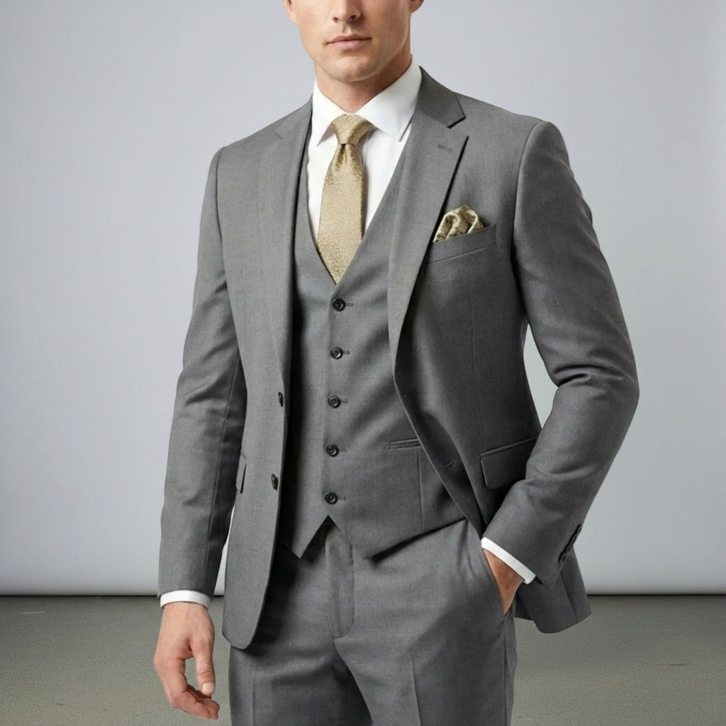 Silvorne men's grey three-piece suit with single-breasted one-button jacket, waistcoat, and tailored trousers.