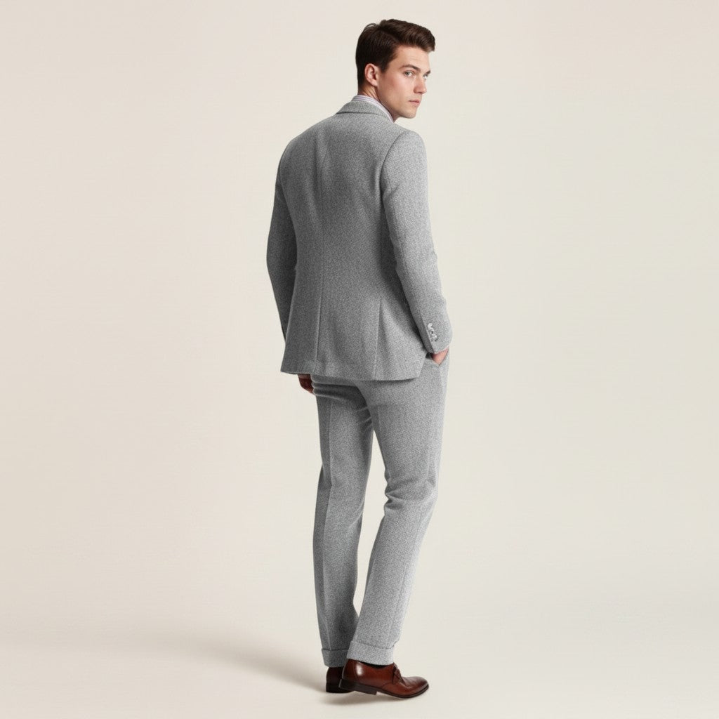 Silvorne Men's classic grey tweed three-piece suit with tailored jacket, waistcoat, and trousers.