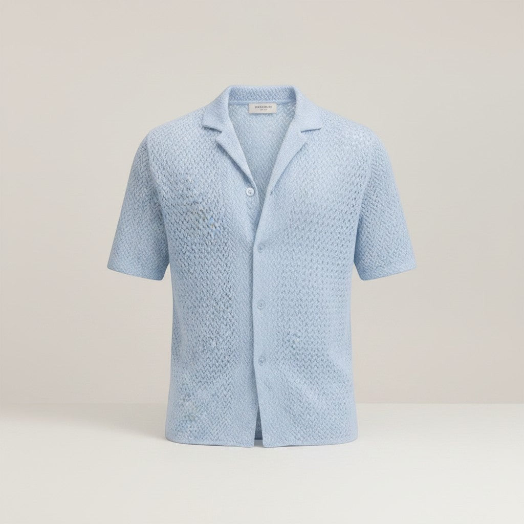 Silvorne men's light blue short sleeve knit shirt with open-knit texture and button-up front.