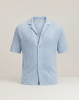Silvorne men's light blue short sleeve knit shirt with open-knit texture and button-up front.