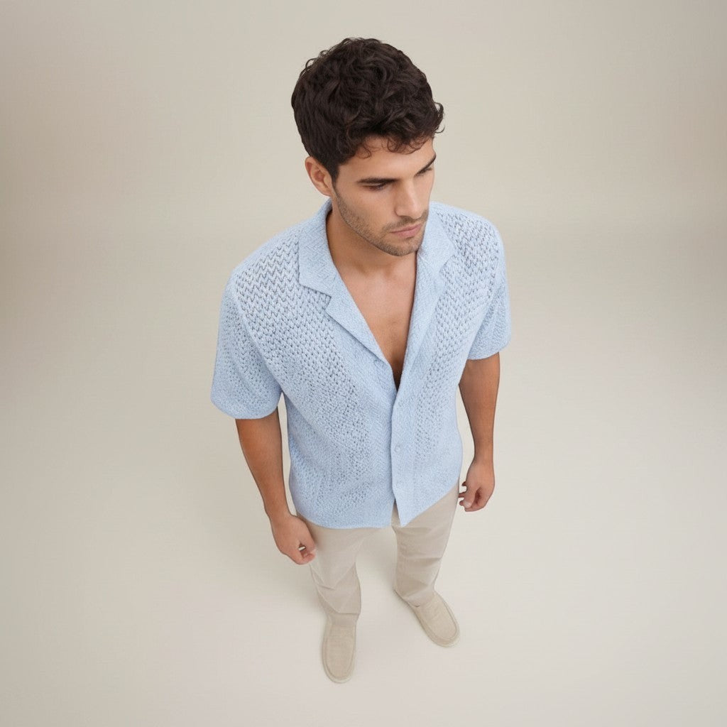 Silvorne men's light blue short sleeve knit shirt with open collar and textured pattern, paired with beige trousers.