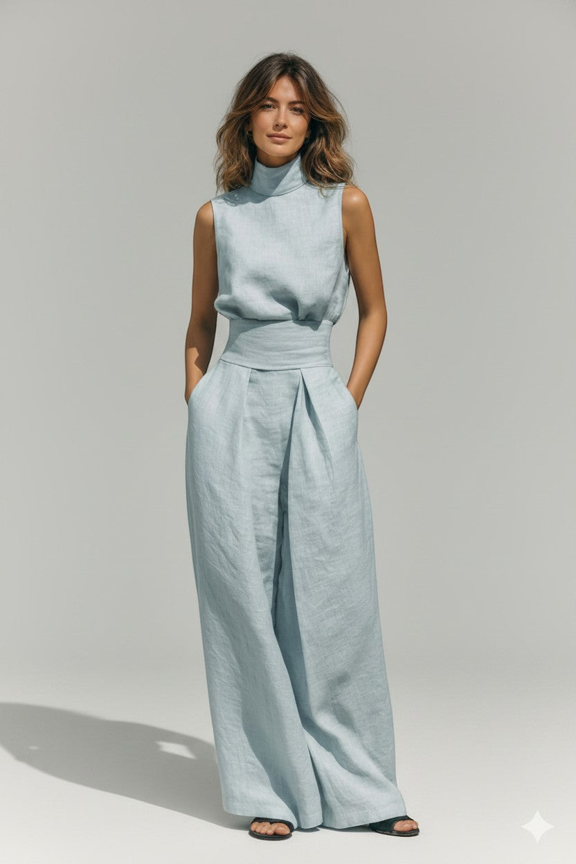 Silvorne light blue linen blend sleeveless high neck tank top and wide leg pants set with side pockets.