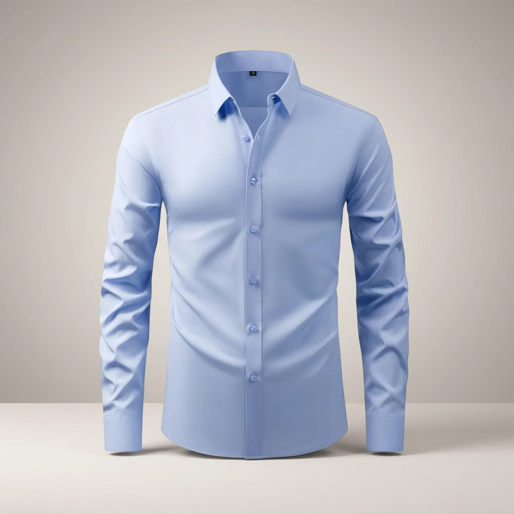 Silvorne men's light blue slim-fit long-sleeve dress shirt with stretch fabric and button-down closure.