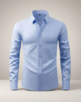 Silvorne men's light blue slim-fit long-sleeve dress shirt with stretch fabric and button-down closure.