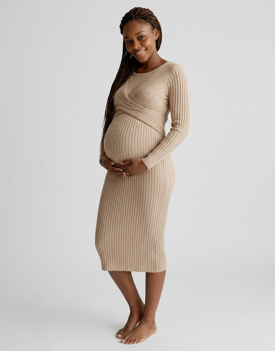 Women's Soft Cotton Maternity Midi Dress | Comfortable Long Sleeve Nursing Dress 10