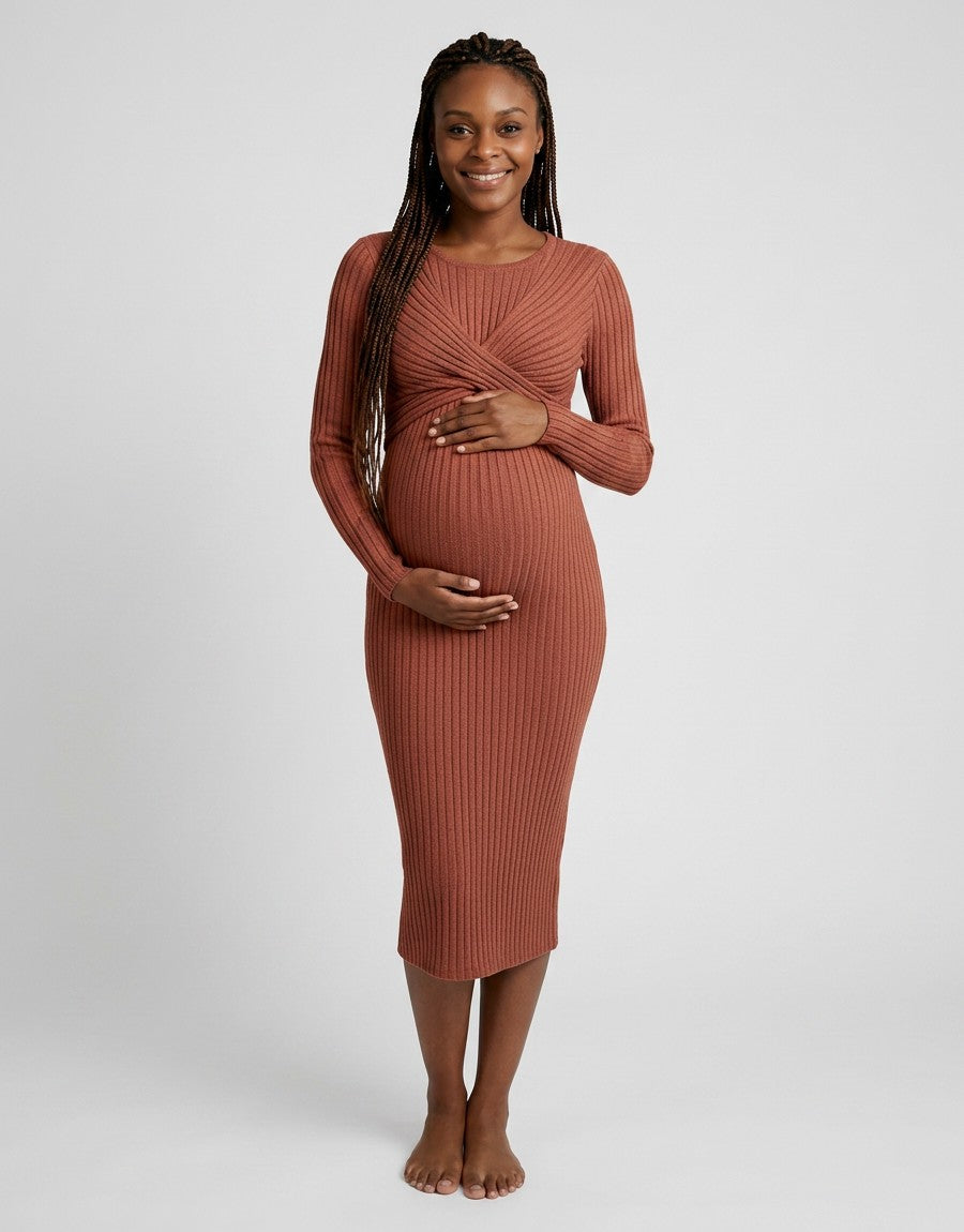 Women's Soft Cotton Maternity Midi Dress | Comfortable Long Sleeve Nursing Dress 1