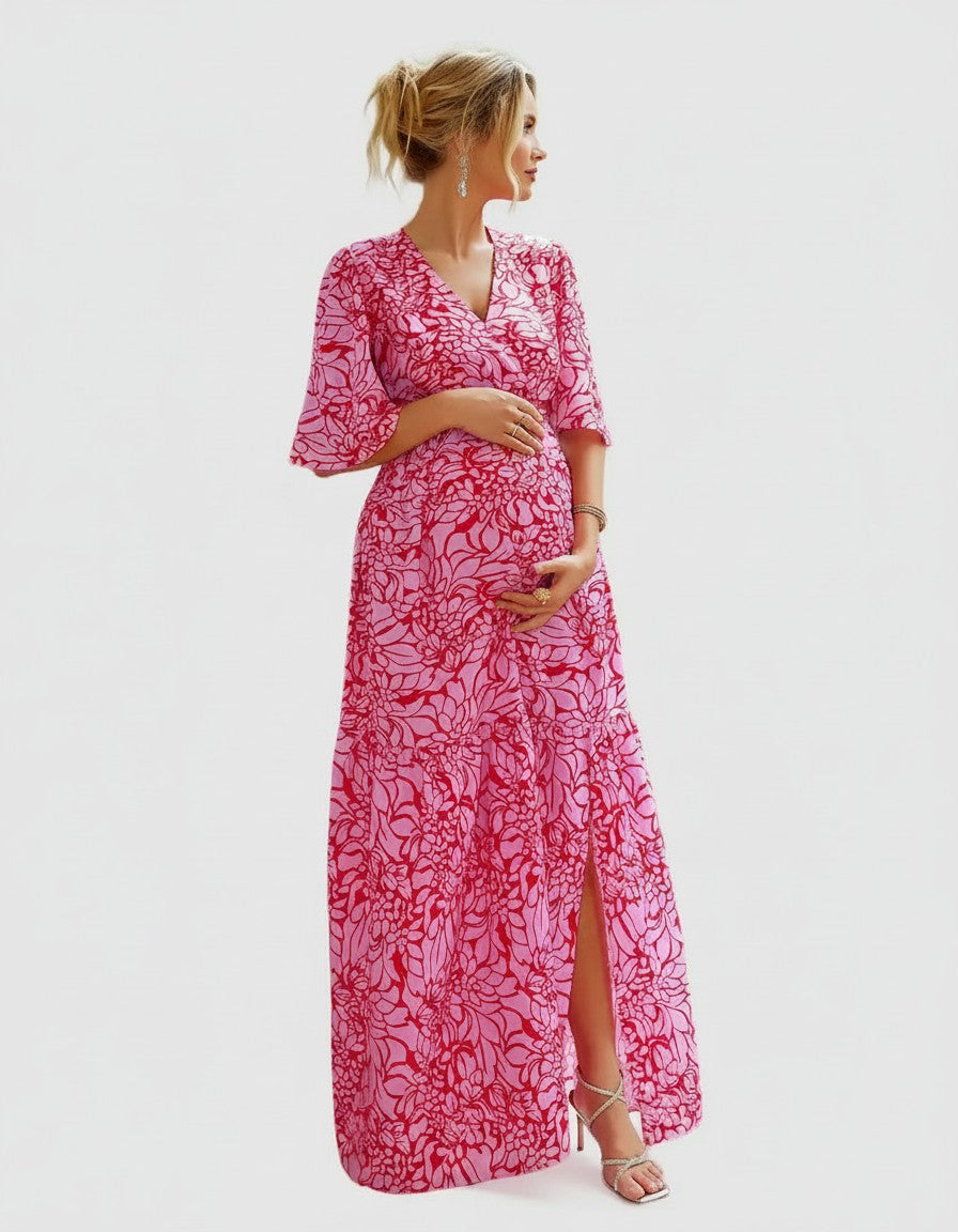 Women's Floral Chiffon Maternity Maxi Dress | Elegant Cutout Design for Comfort 3