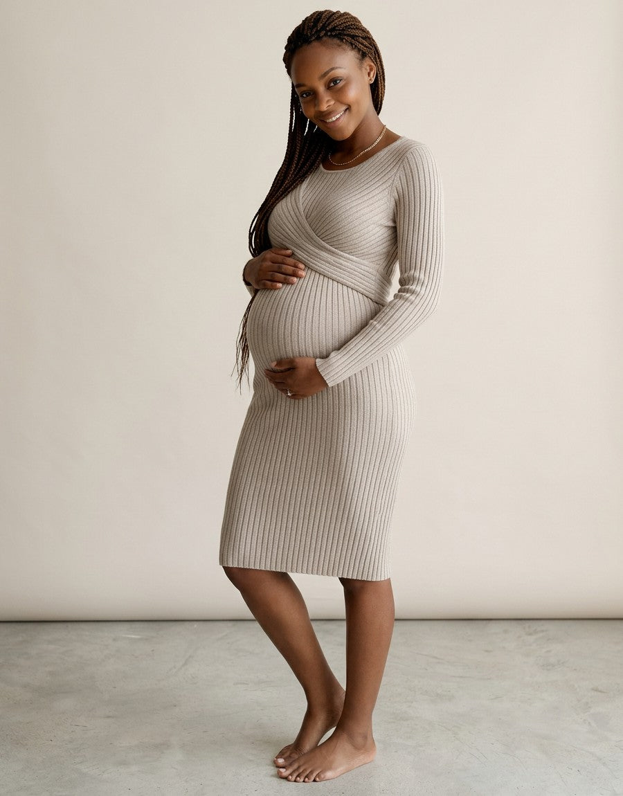 Women's Soft Cotton Maternity Midi Dress | Comfortable Long Sleeve Nursing Dress 8