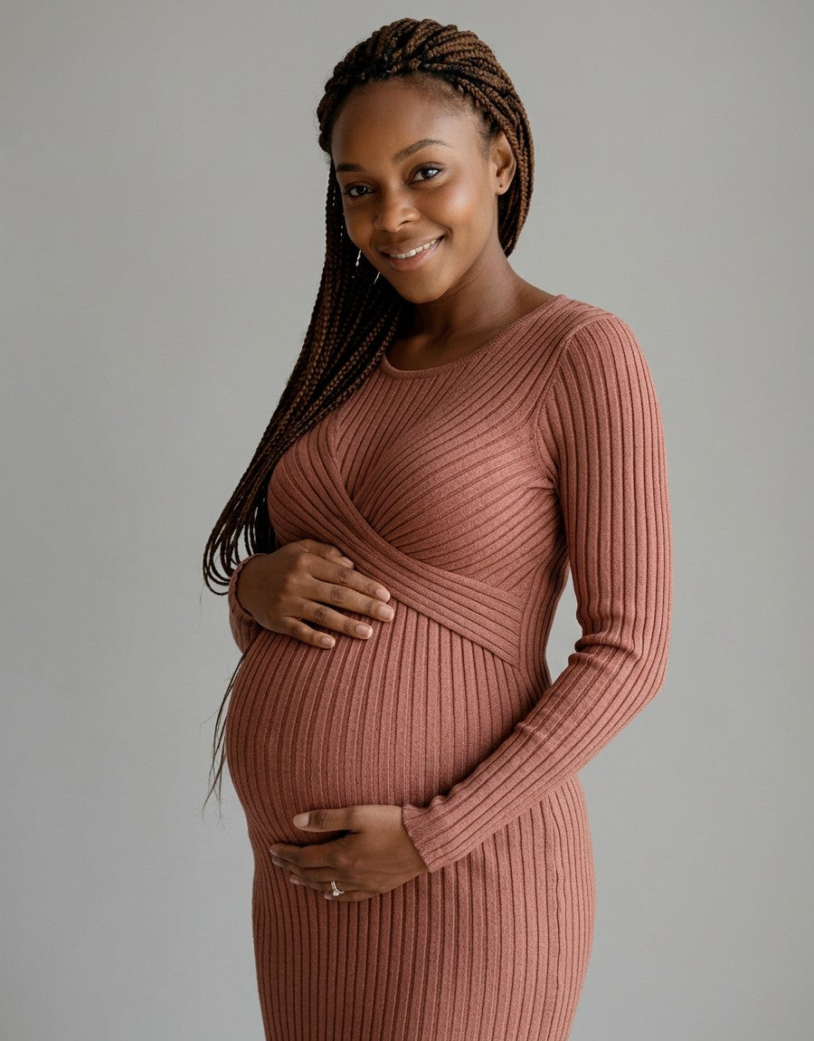 Women's Soft Cotton Maternity Midi Dress | Comfortable Long Sleeve Nursing Dress 4