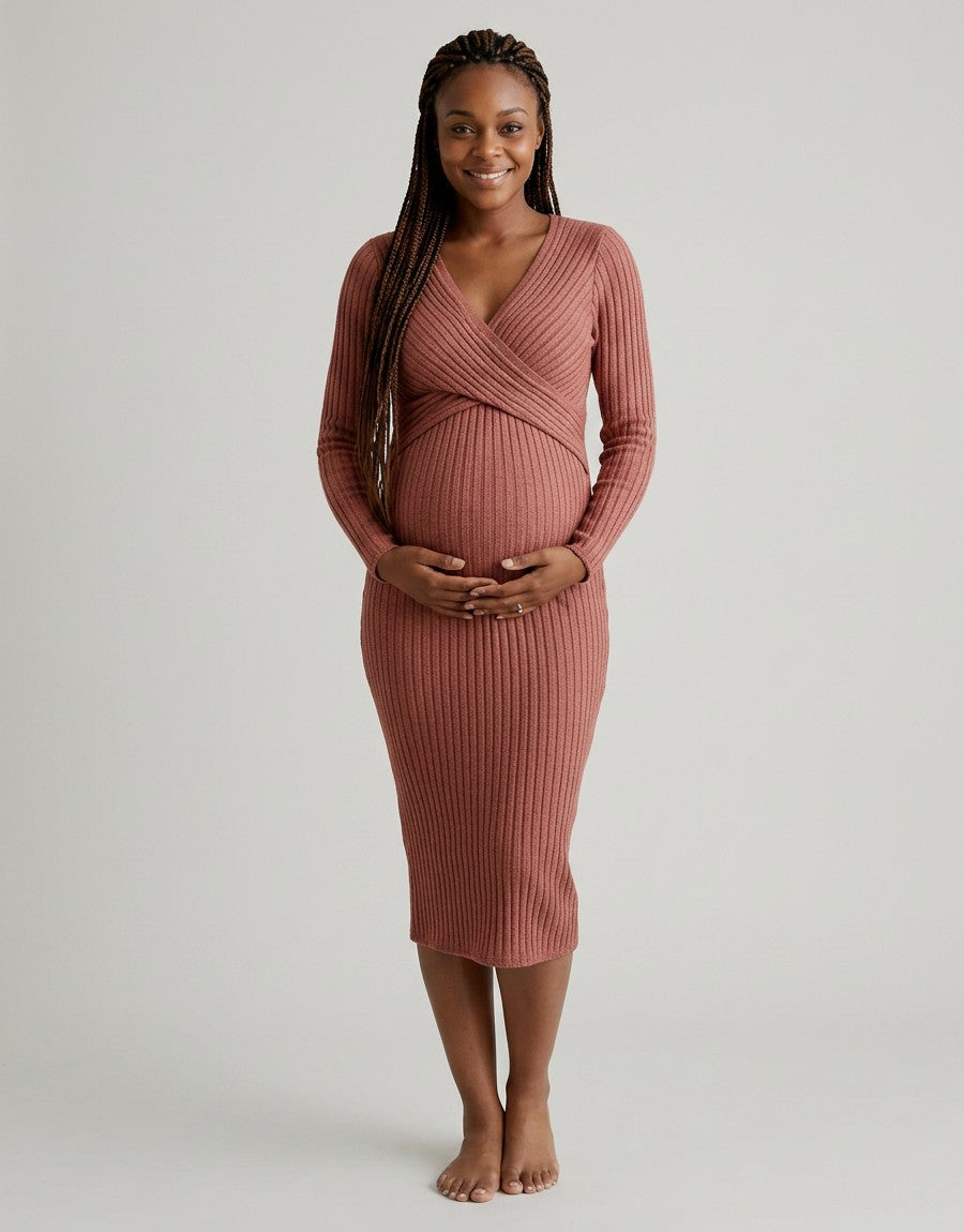 Women's Soft Cotton Maternity Midi Dress | Comfortable Long Sleeve Nursing Dress 2