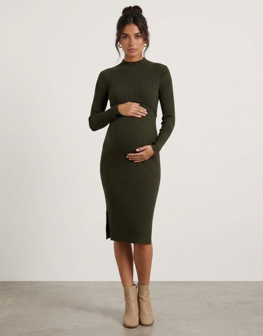 Women's Soft Ribbed Knit Bodycon Maternity Dress | Comfortable Long Sleeve Midi Nursing Dress 4