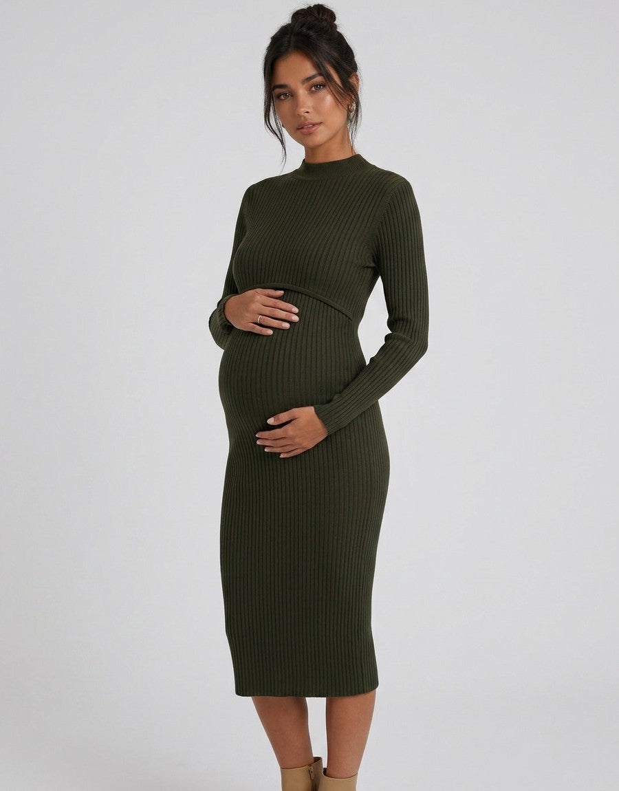 Women's Soft Ribbed Knit Bodycon Maternity Dress | Comfortable Long Sleeve Midi Nursing Dress 3
