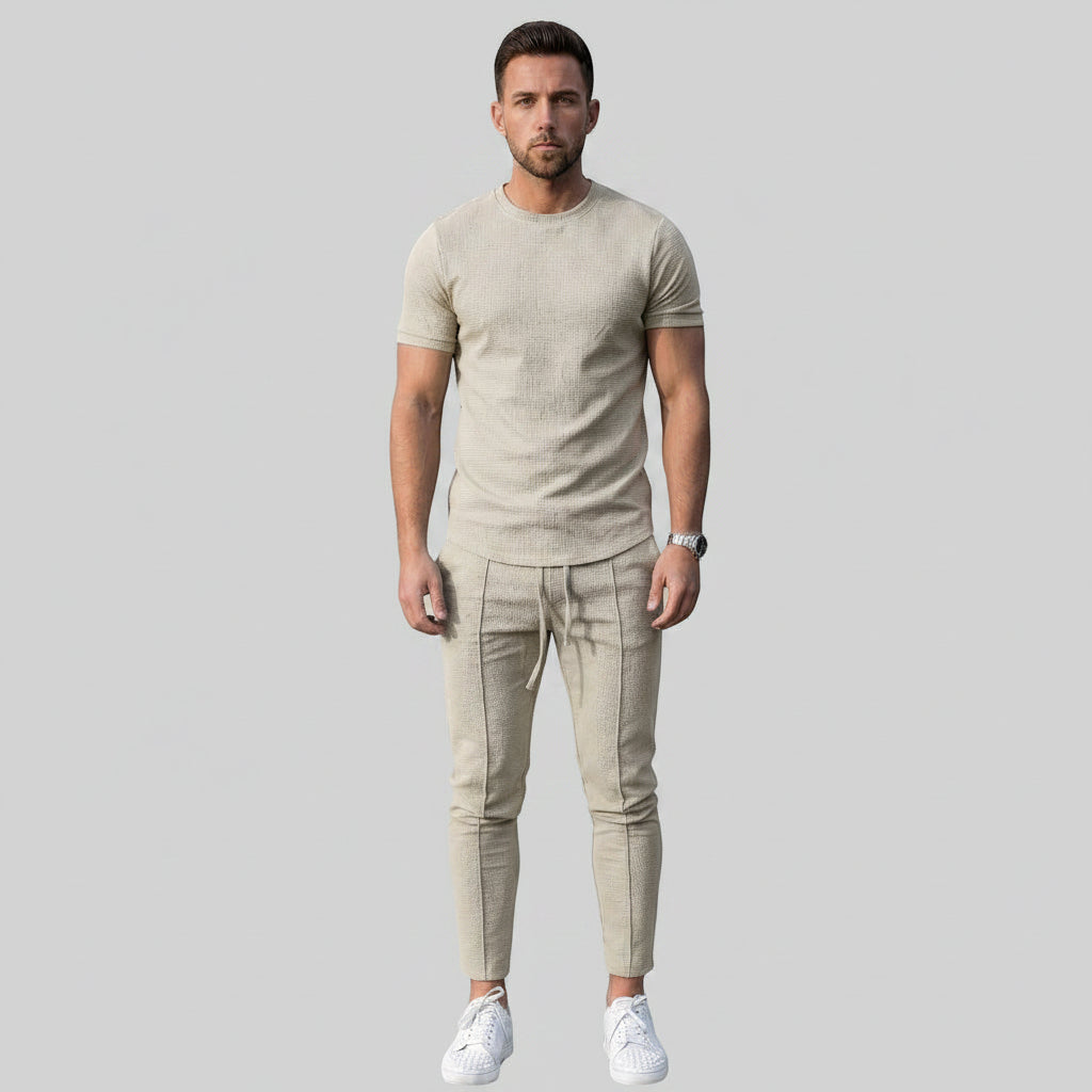 Silvorne men's light beige textured 2-piece set with relaxed-fit t-shirt and matching slim-fit joggers.